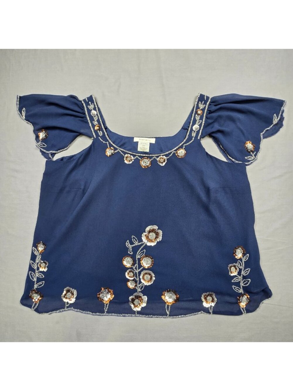 Roamans 26W Cold Shoulder Top Navy Blue Sequin Floral Beaded Boho Sequins Flowy